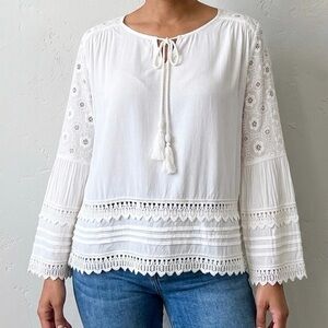 Solitaire White Boho Eyelet Lace Peasant Blouse Tassel Tie Rayon Flare Sleeve M